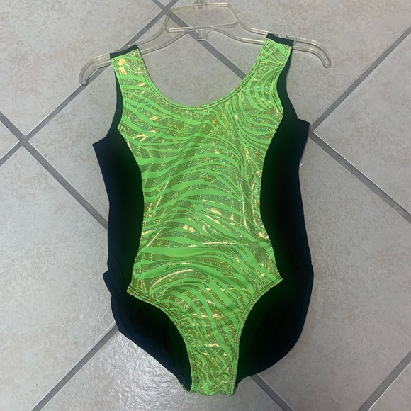 Size 12 Green Black Metallic Animal Print Gymnastics Dance Bodysuit Leotard NWT - Picture 1 of 2